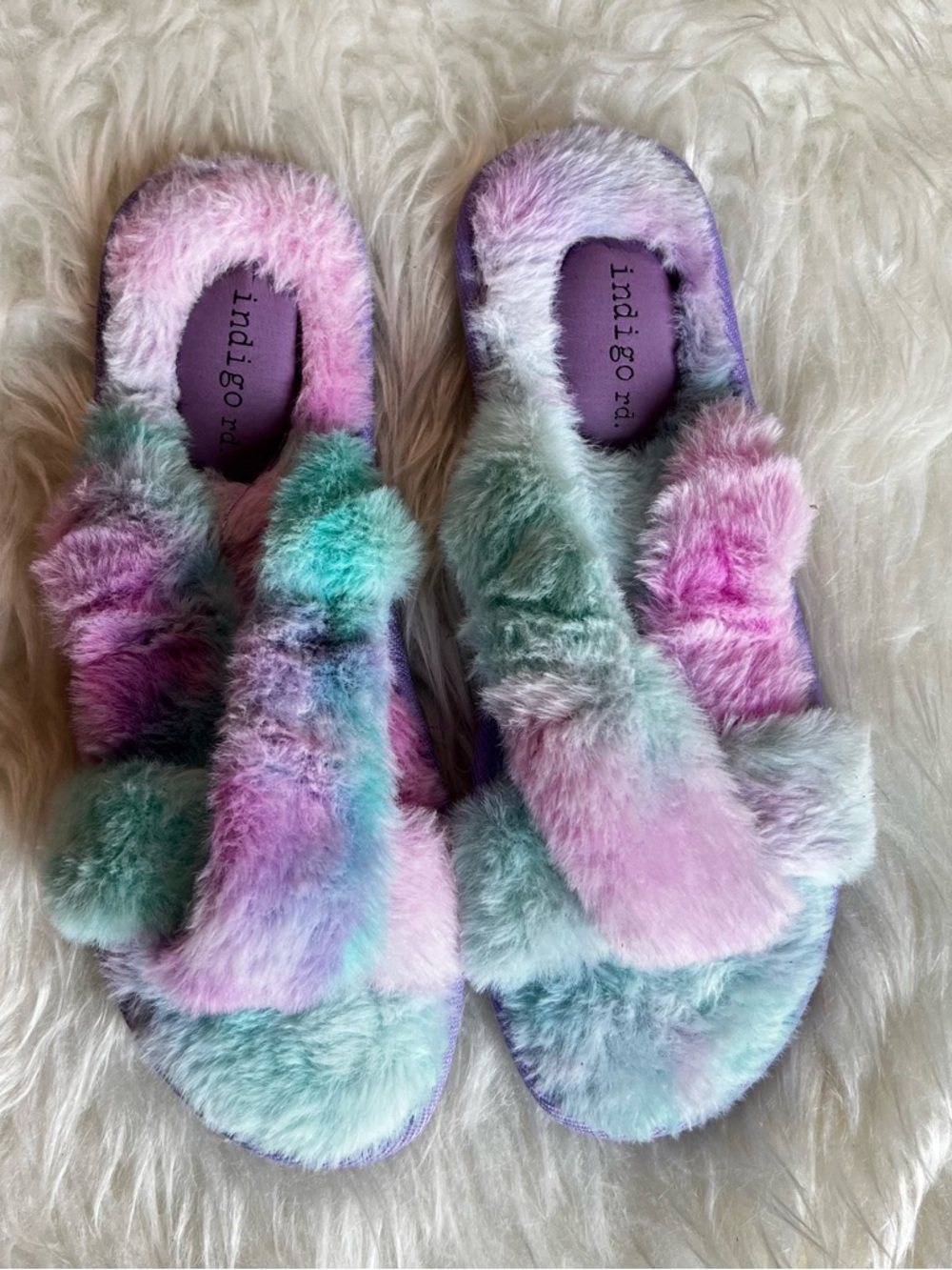 Indigo Pastel Tie-Dye Faux Fur Slide Slippers - Pink, Purple & Green